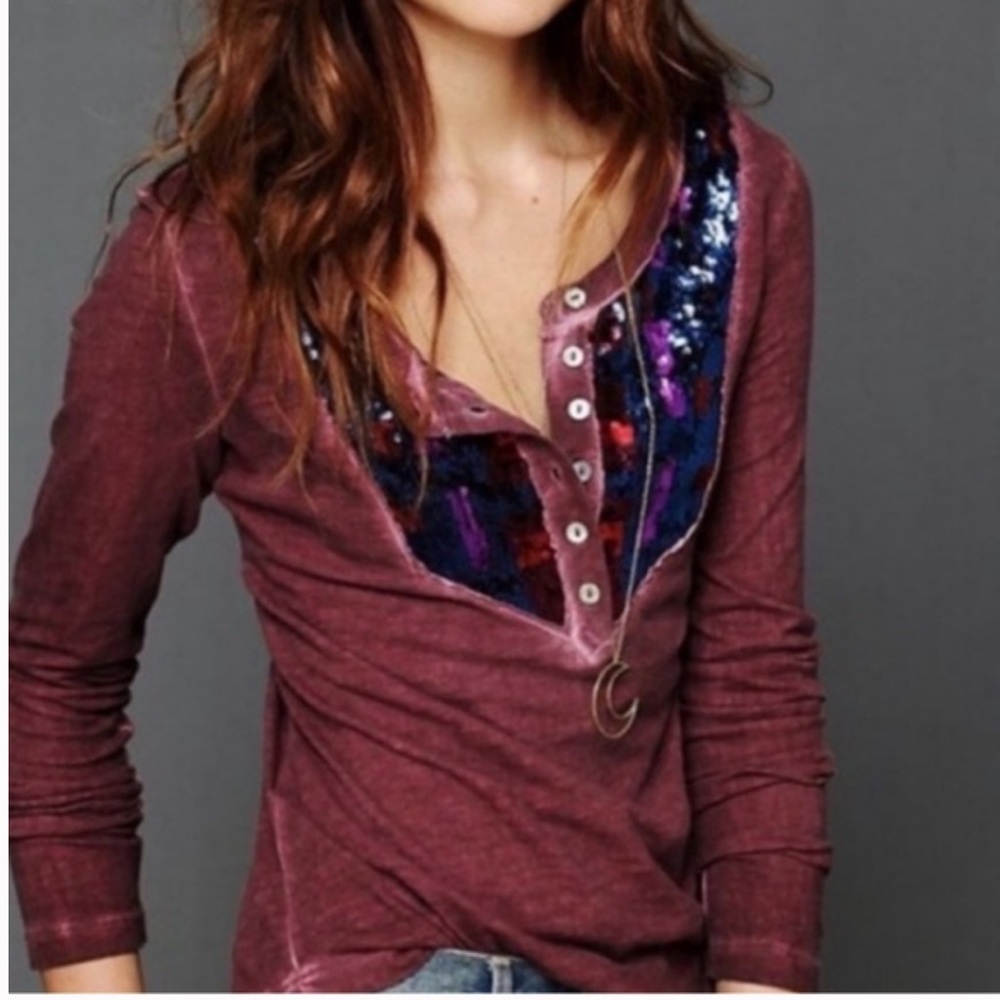Free People Burgundy Long Sleeve Tee with Sequin Detail